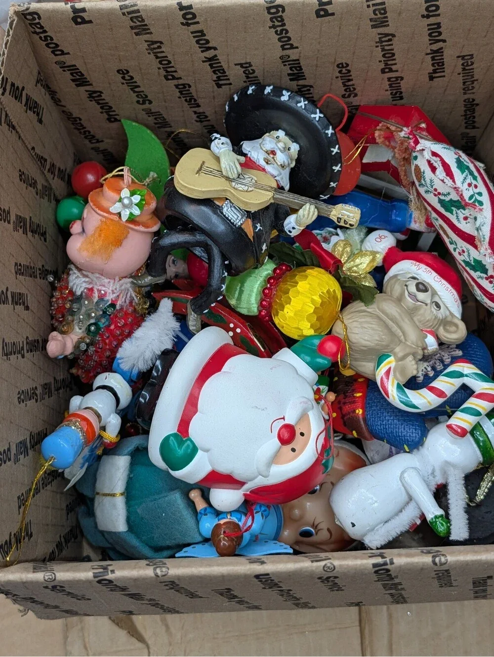 Vintage Christmas Ornaments Lot Spun Felt Elf Mariachi Santa Disney Stocking Lot
